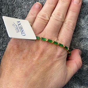 OSHENA Green Baguette Tennis Bracelet Gold Tone Adjustable NWT